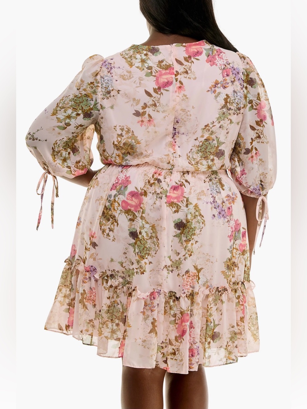 Taylor Floral Chiffon A-Line Dress 22W Pink Knee Length V-Neck Balloon Sleeve - Picture 2 of 11